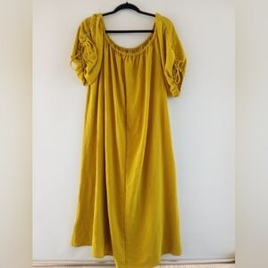 Alex & Parker Mustard Yellow Off-Shoulder Maxi Dress Ruched Sleeves Size L